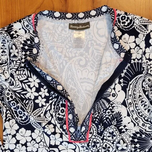 Tommy Bahama Paisley Paradise Navy & White Half Zip Rash Guard Swim Shirt - XS - Picture 8 of 10
